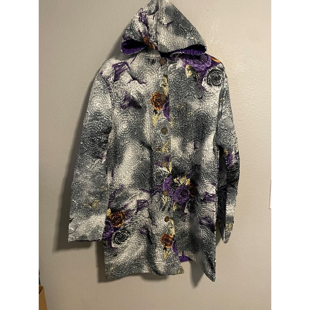 ABC Collection Coat Womens M-L Gray Hooded Floral Crinkle Button Artsy Boho